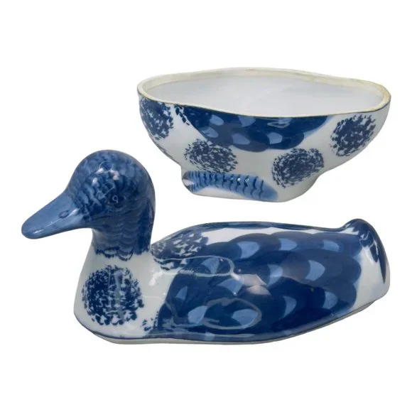 Ceramic Hand Painted Vintage 1960's Duck Shaped Trinket Box Blue & White - Picture 2 of 11